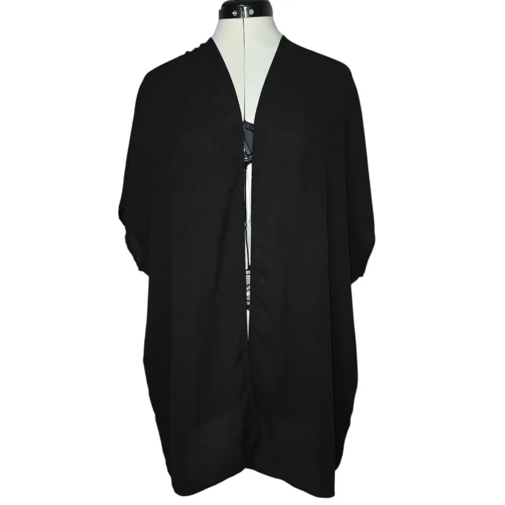 Daniel Rainn Black Duster Swim Coverup Kimono S Chiffon Fringe Boho Beach Resort